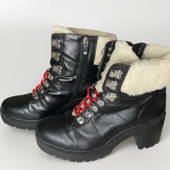 NINE WEST Black Vegan Leather Faux Fur Chunky Heel Winter Snow Boots Women’s 8 M - Picture 1 of 10